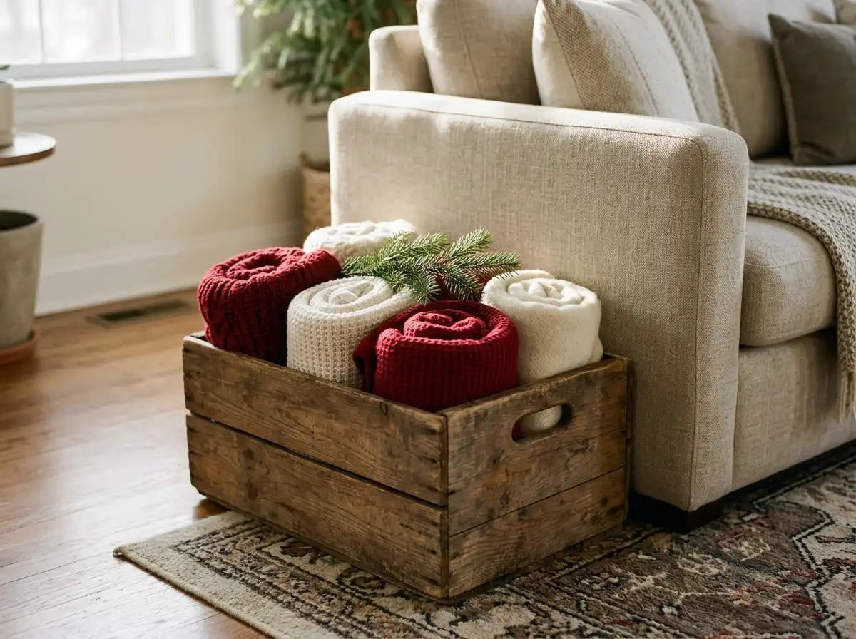 Wooden crate holding rolled blankets beside a sofa