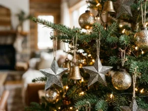 Christmas tree with metal and tin ornaments