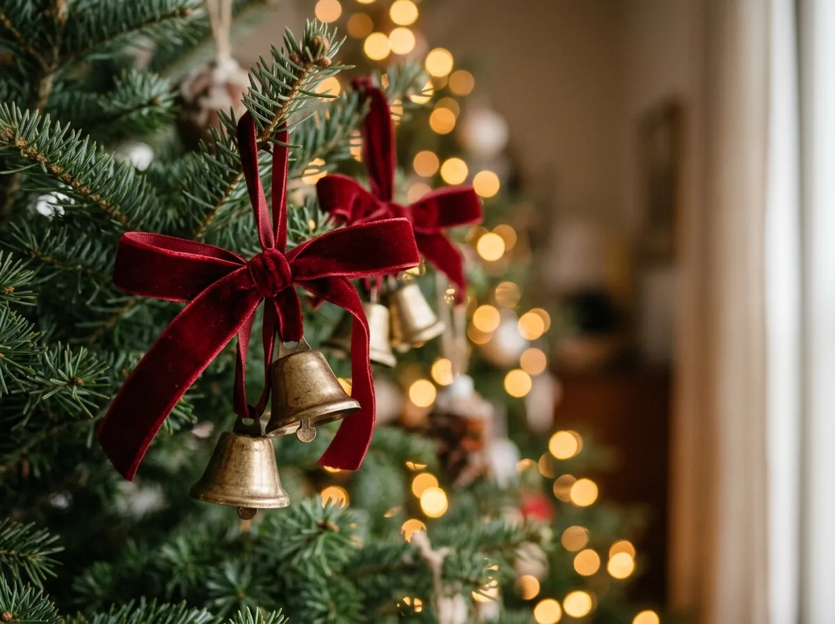 Brass bell ornaments on velvet ribbon