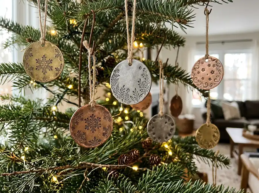 Stamped metal tag ornaments on a tree