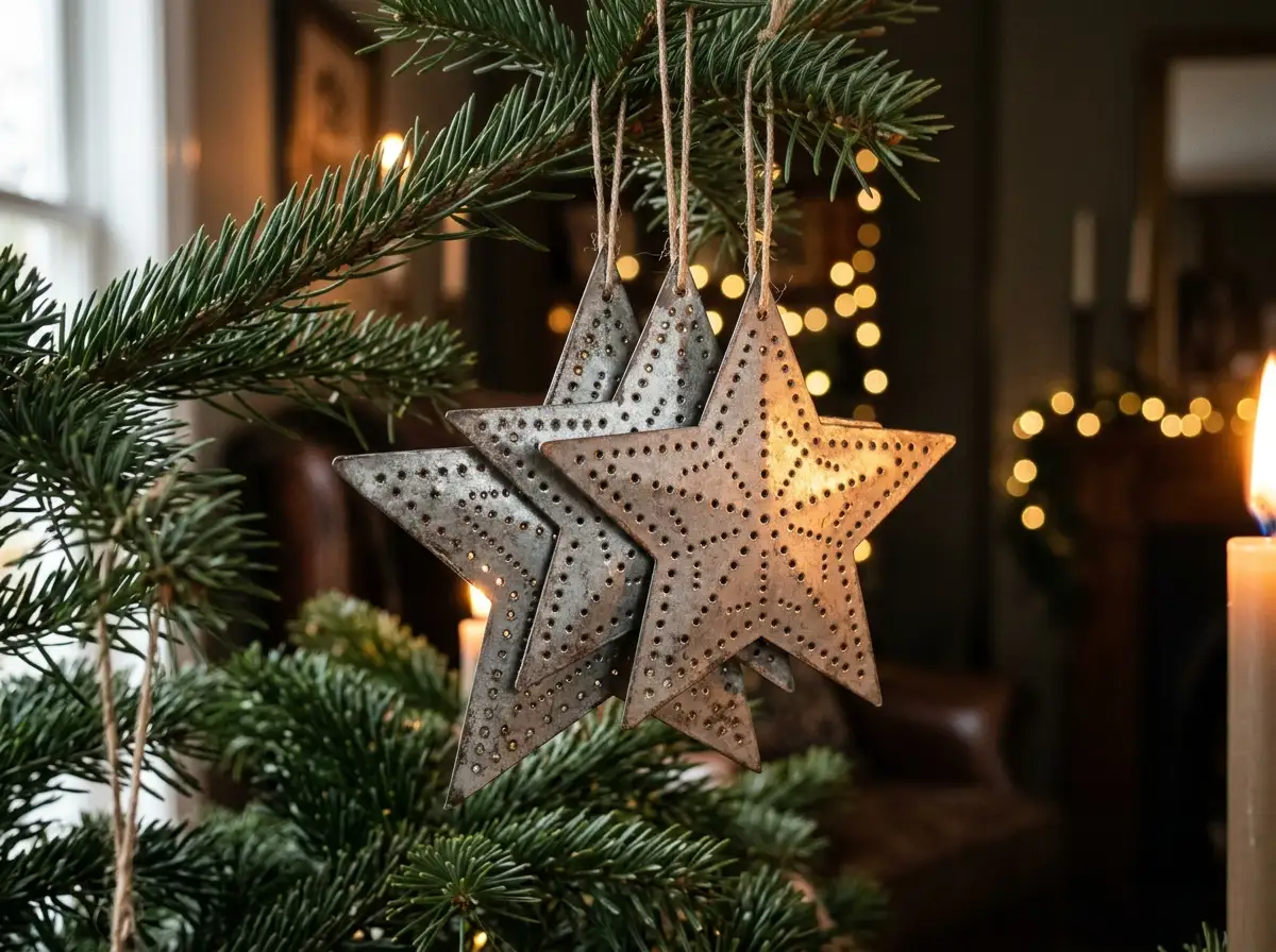 Tin star ornaments clustered on branches