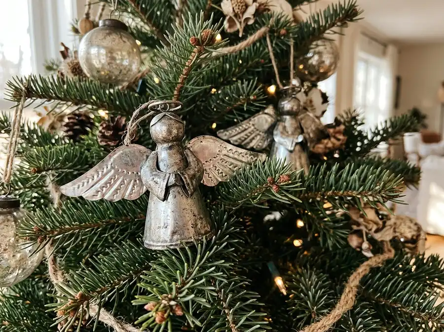 Metal angel ornaments on Christmas tree branches