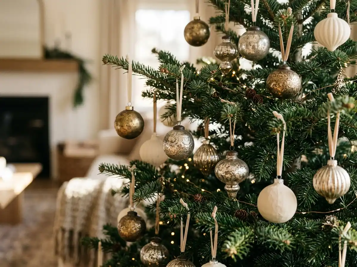 Brass and silver ornaments mixed on one tree