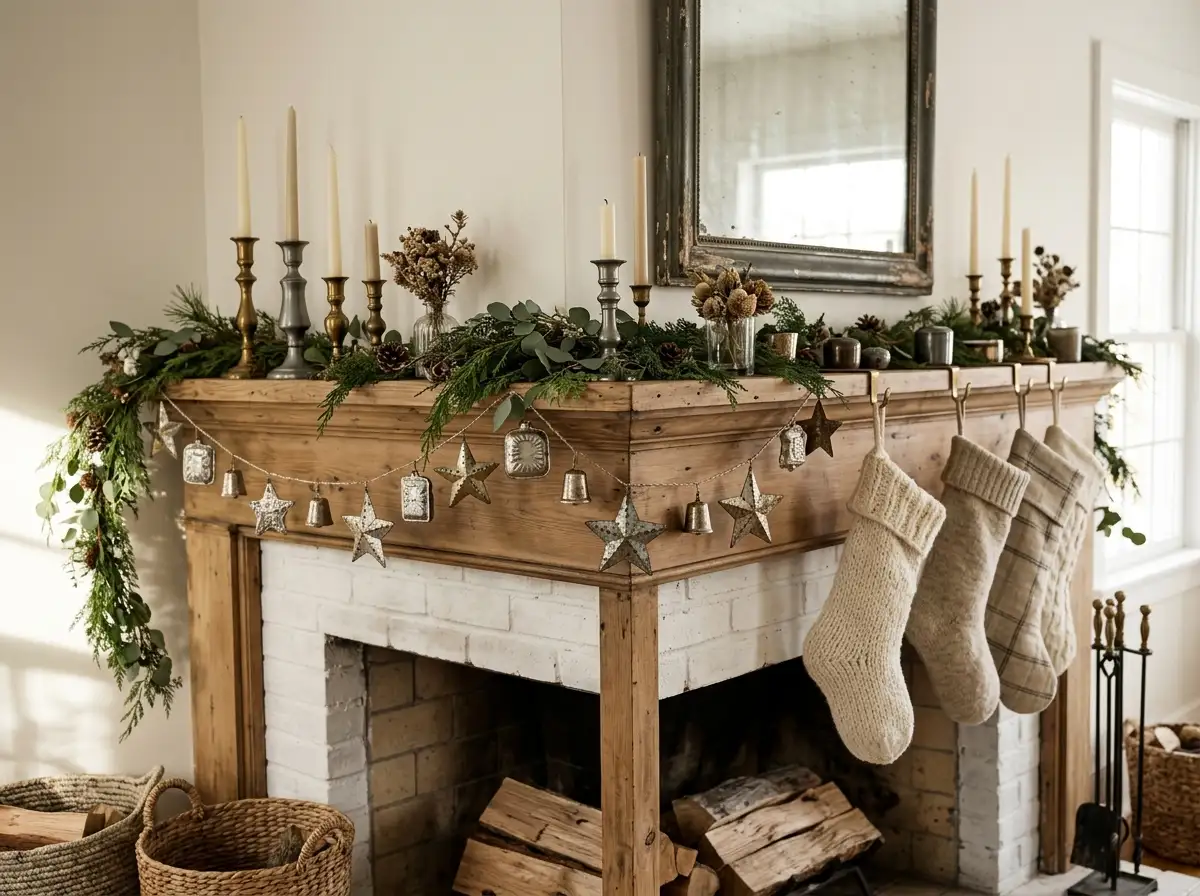 Tin ornament garland draped on a mantel
