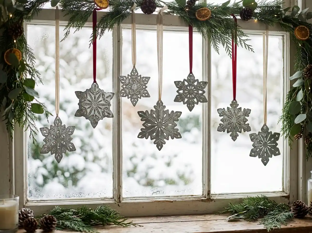 Tin snowflake ornaments hanging in a window
