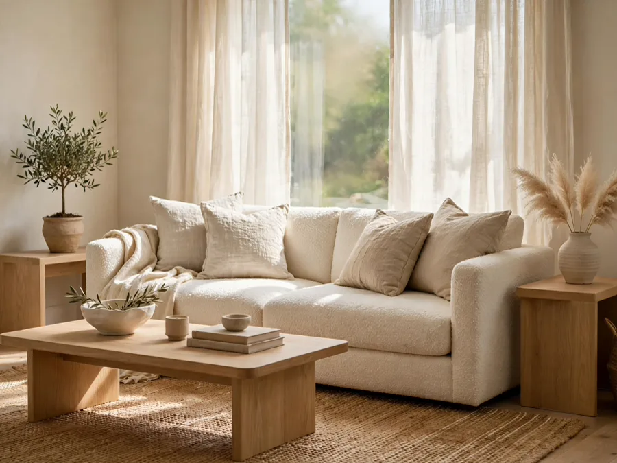 Warm minimalist living room with cream sofa and oak