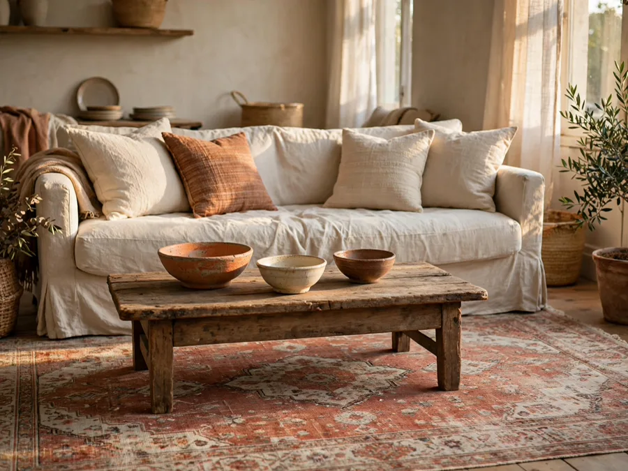 Living room with faded vintage rug and linen sofa