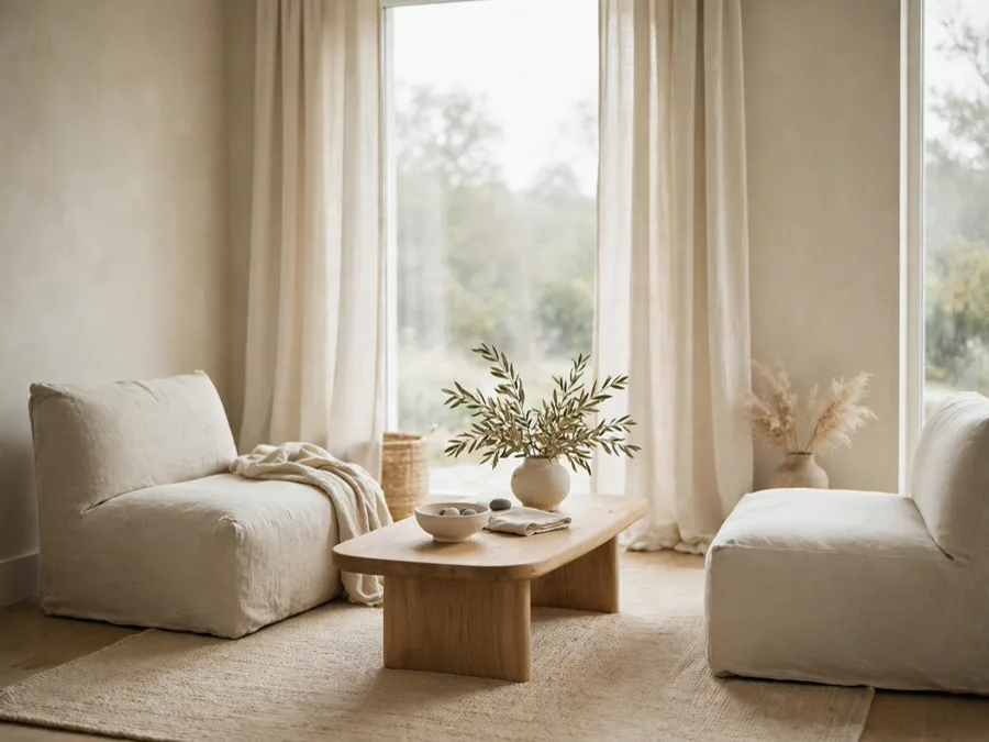 Calm neutral room with low seating and natural oak