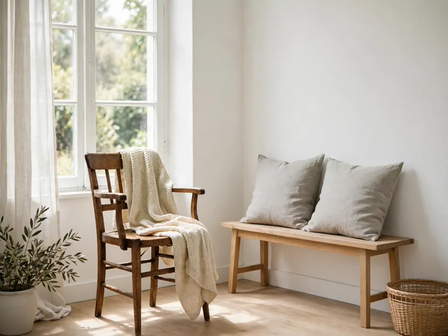 Bright white room with vintage chair and soft cushions