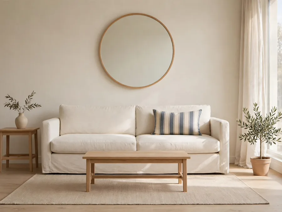Minimal room with round mirror and one striped cushion