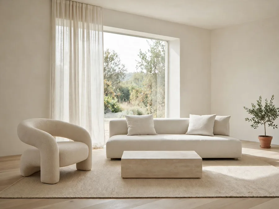 Calm minimalist living room with sculptural chair