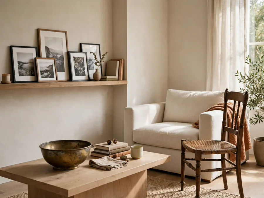 Warm living room with personal objects and antiques