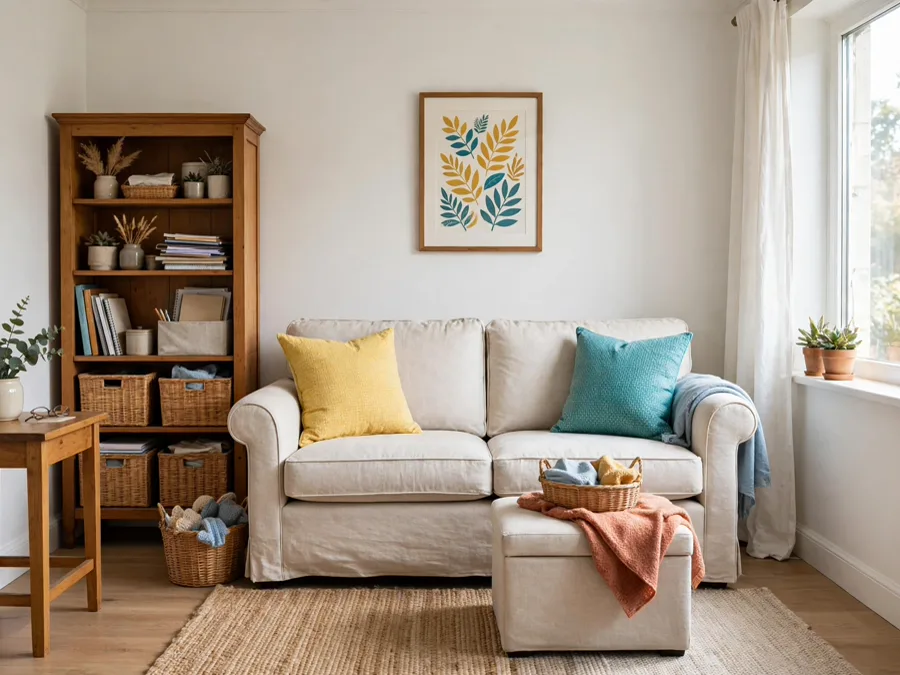 Small living room with smart storage and color accents
