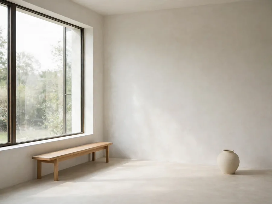 Pale minimalist living room in soft daylight