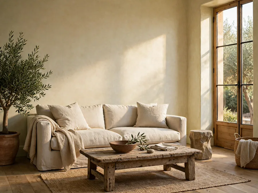 Limewashed room with linen sofa and oak table