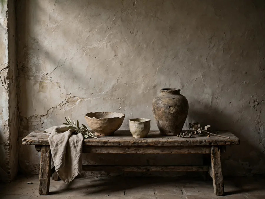 Aged wood bench with handmade ceramics