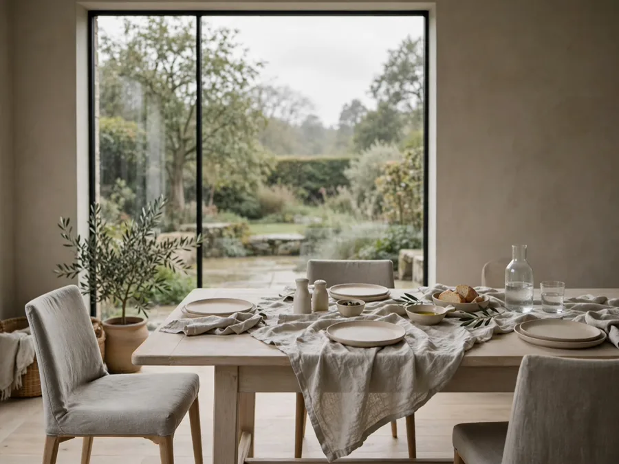 Muted dining space set for a slow meal