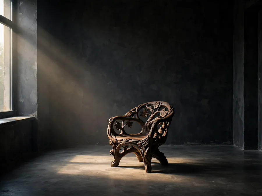 Dark calm room with one sculptural chair