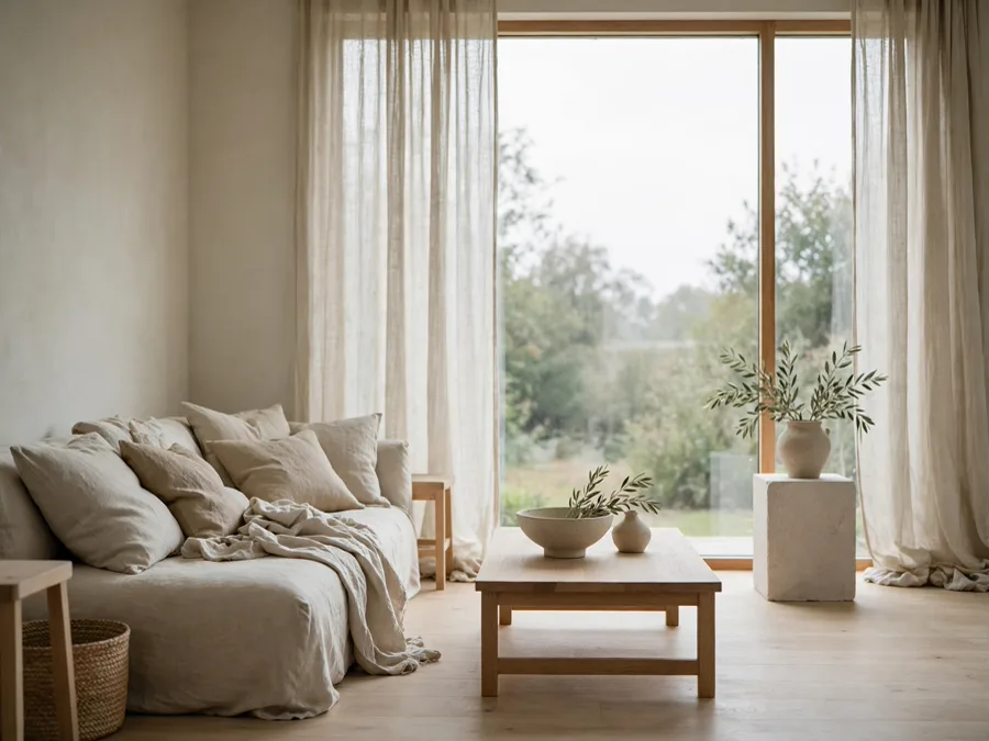 Calm living room with light wood and linen