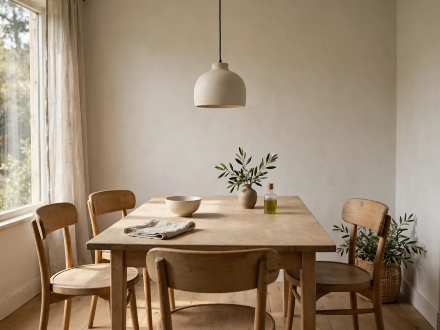 Plain wooden dining table with simple chairs