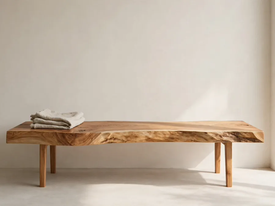 Live-edge wooden bench in a spare room