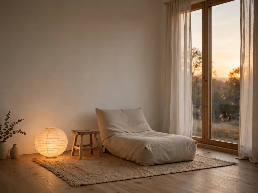 Paper lantern glowing beside a low lounge chair