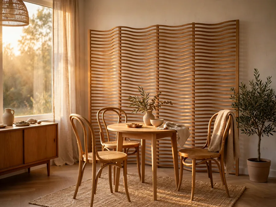 Bentwood chairs and a wavy wooden screen