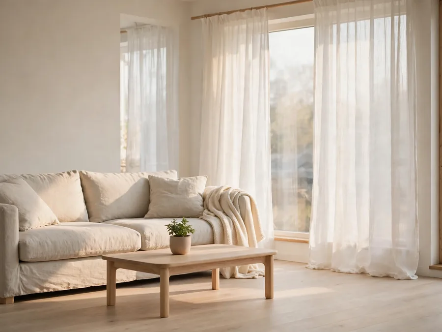 Soft Scandinavian living room with pale sofa and warm throws