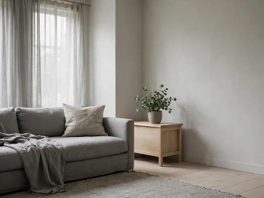 Muted grey Scandinavian room with linen sofa and light wood