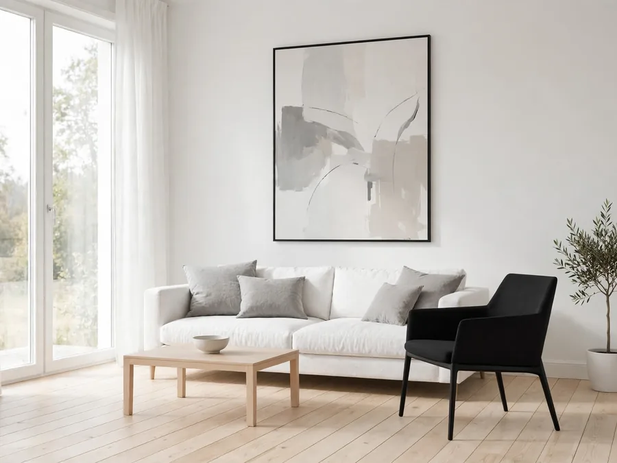 Bright white Scandinavian room with a single black accent chair