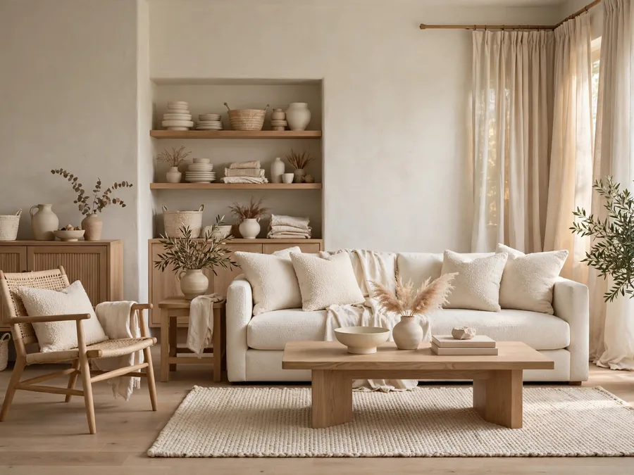 Layered neutral room with light wood and cream textiles