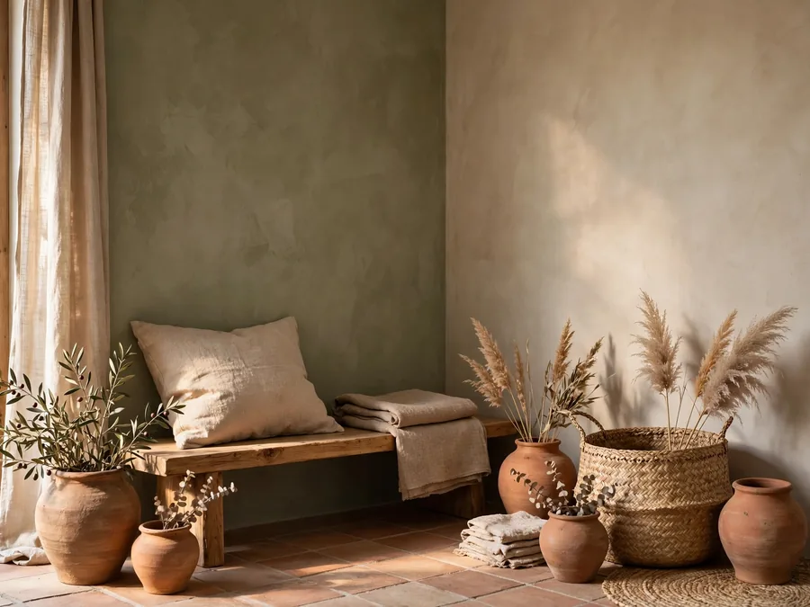 Earthy minimal room with clay pots, woven basket and linen