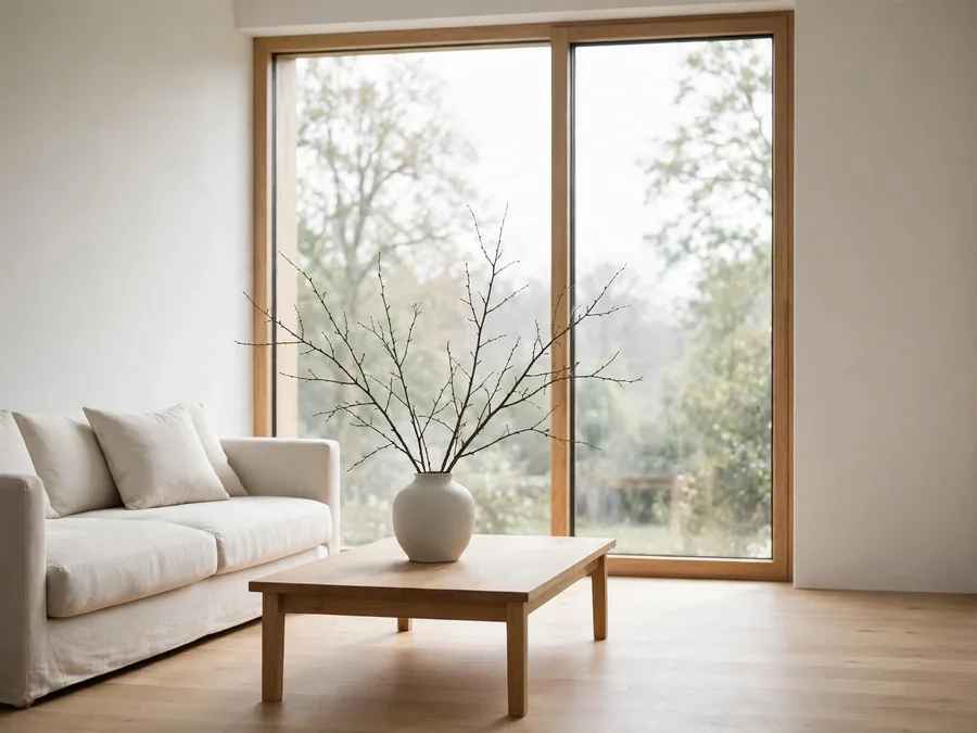 Calm minimalist living room with pale sofa