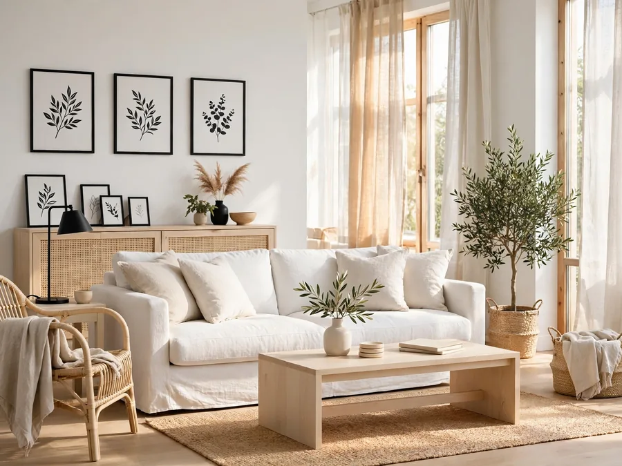 Bright living room with pale wood and white walls