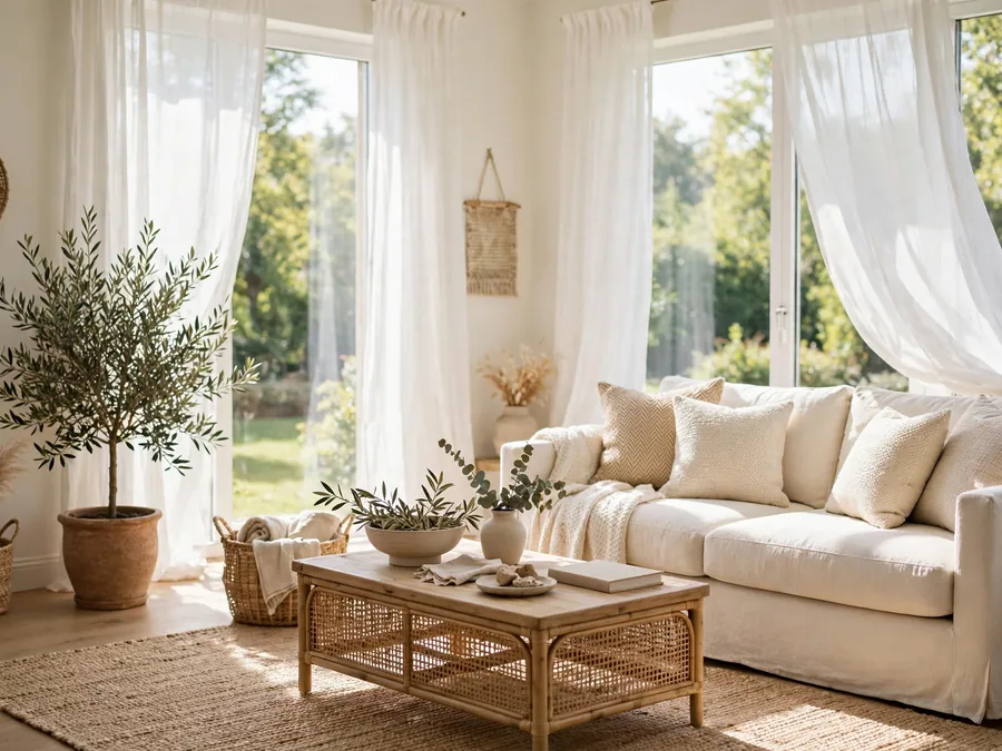 Sunlit room with cream sofa and sheer curtains