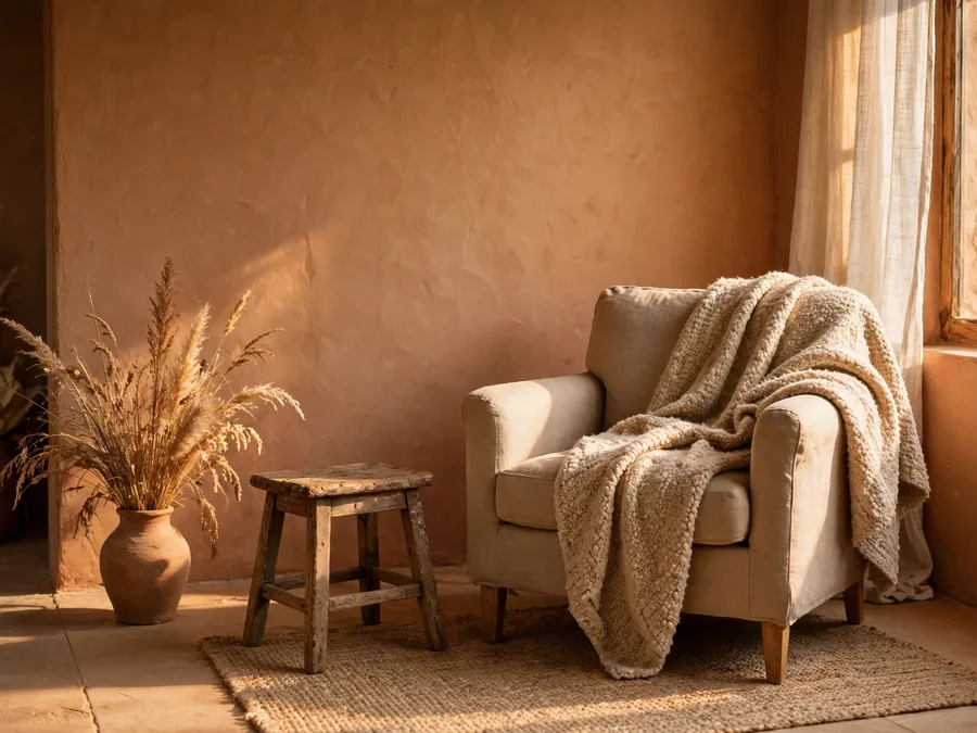Warm earthy room with vintage wooden stool