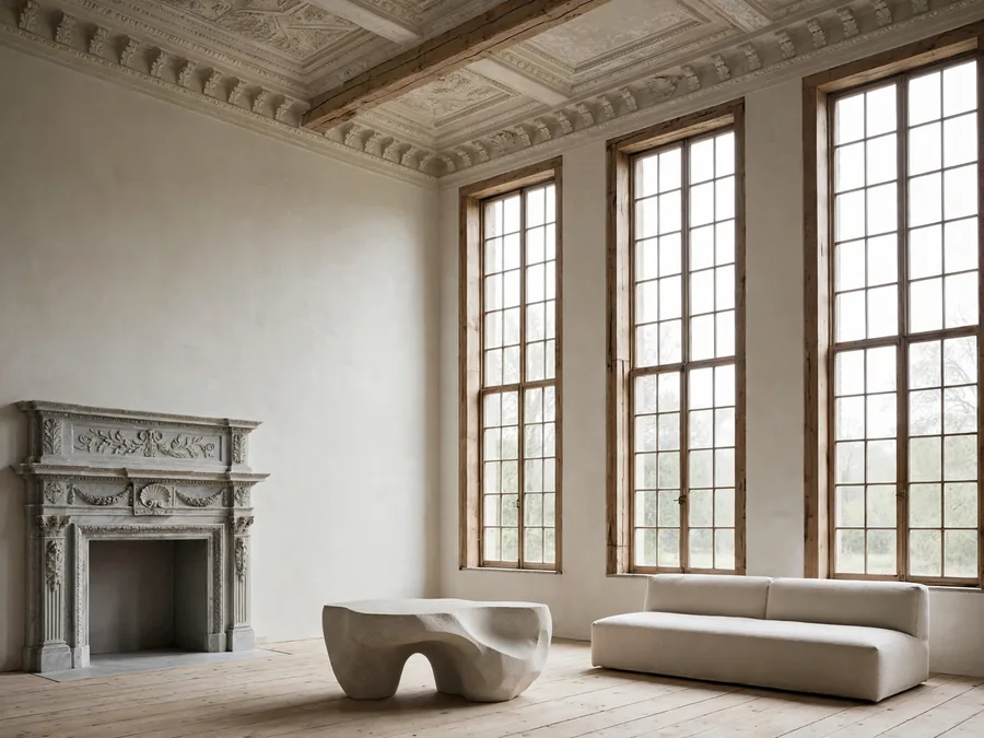 Classical room with marble fireplace and sparse furniture