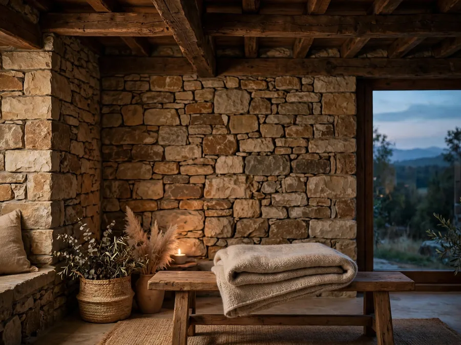 Warm timber and stone room in soft light
