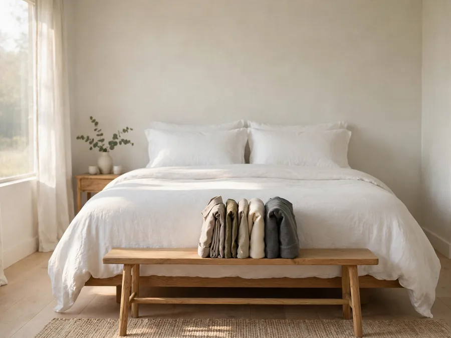 Bed with white linen and folded clothes on a bench