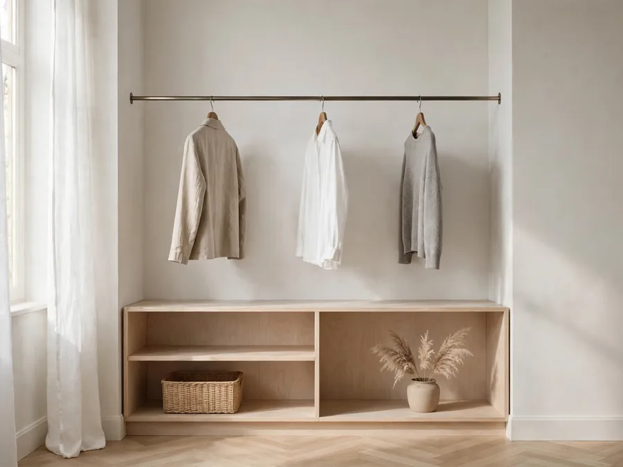 Short rail of neutral clothes in an open wardrobe