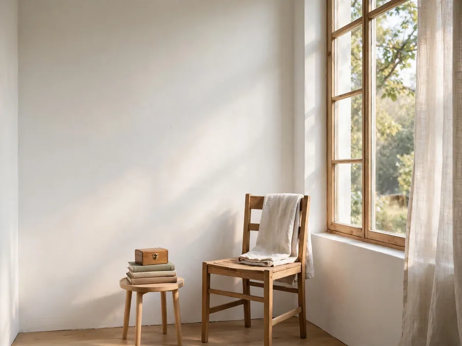 Wooden chair by a window with a small keepsake box