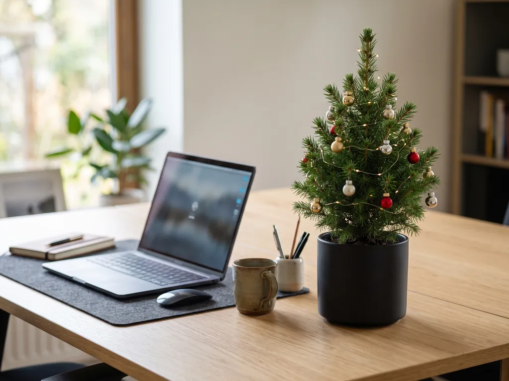 Small potted Christmas tree on an office desk
