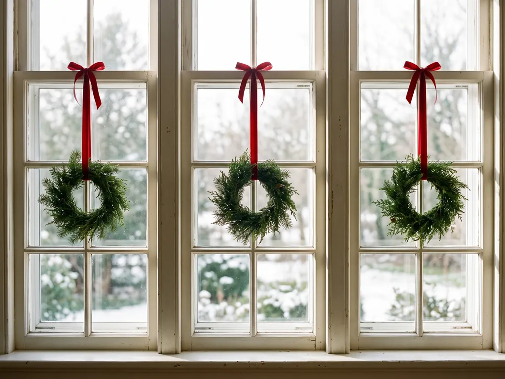 Three mini wreaths hanging on red ribbons in a window