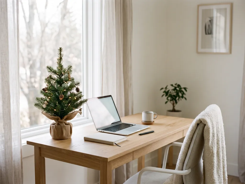 Minimal desk with a small Christmas tree by the window