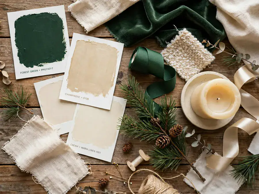 Christmas mood board flat lay on a wooden table