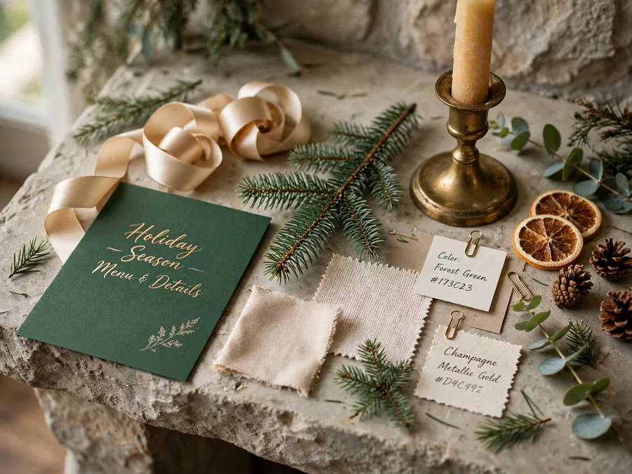 Forest green and champagne mood board on a mantel