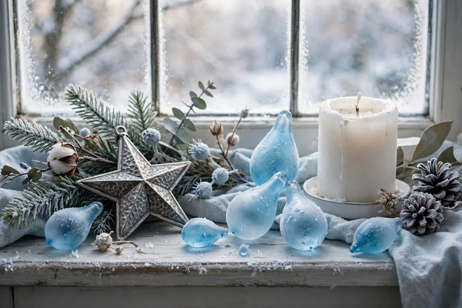 Ice blue and pewter mood board at a window