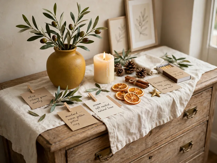 Olive mustard and cream mood board on a dresser