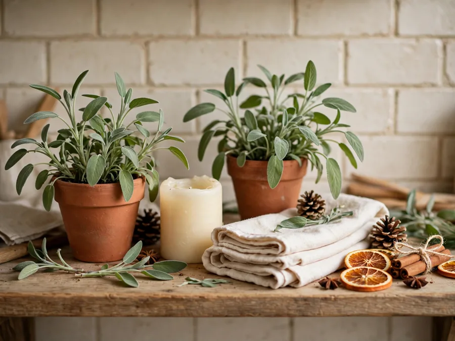 Terracotta sage and cream mood board on a kitchen shelf