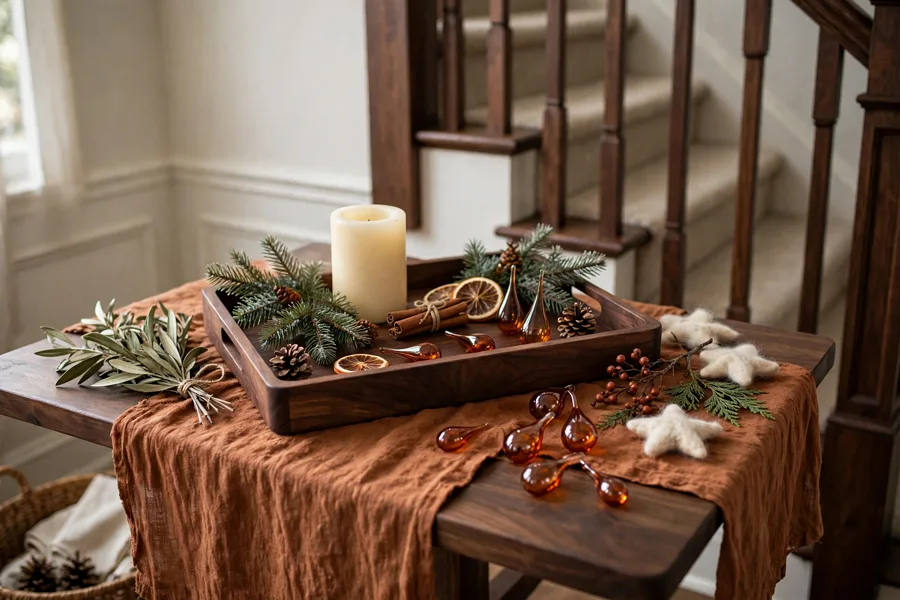 Rust cream and walnut mood board on a stair landing table